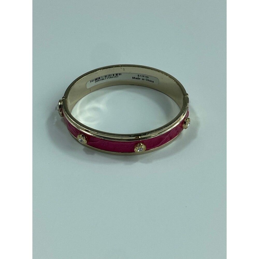 Henri Bendel Gold Pink Enamel Crystal Stud Hinged Bangle Bracelet